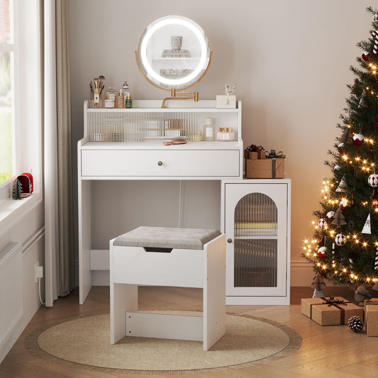 White Vanity Desk With 360° Rotated Mirror And Adjustable Lights, Girls Makeup Vanity Table With Storage Chair And Side Cabinet - Antique White