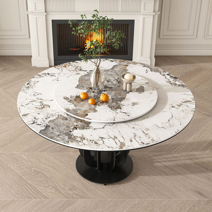 Round Dining Table With Carbon Steel Base And Lazy Susan Industrial Style - Black / White